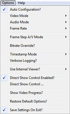 Options Menu DirectShow Control Enabled